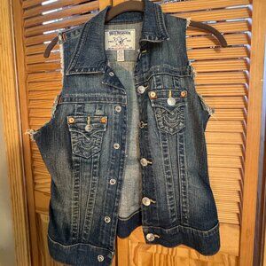 True Religion Cut Off Denim Vest XS Classic Horseshoe Stitch. Y2K.